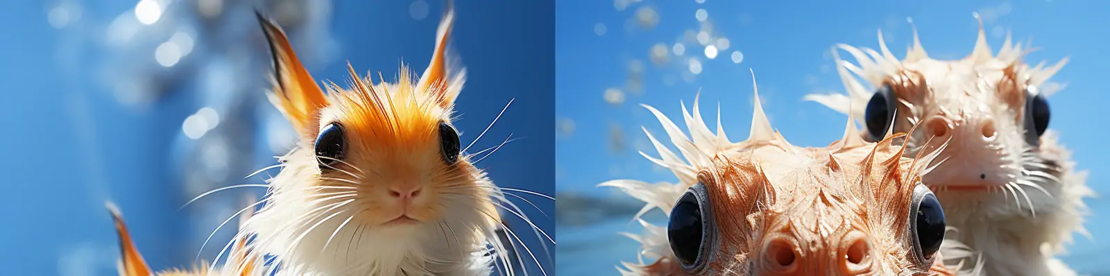 超现实主义逼真可爱立体海滩上兔子虾米海洋变异动物特写镜头摄影海报midjourney关键词咒语分享