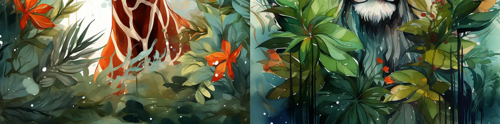 手绘森林植物丛林动物世界长颈鹿狮子老虎头像特写绘画海报midjourney关键词咒语分享