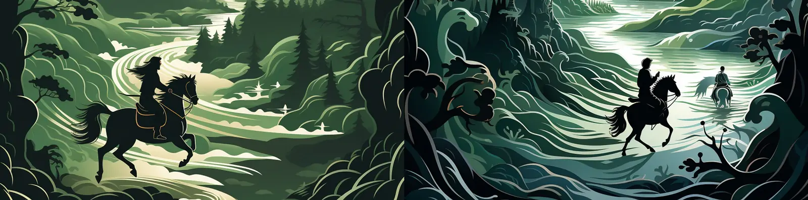 中国风古代武侠神话故事武士骑马自然山水建筑场景插图海报midjourney关键词咒语分享