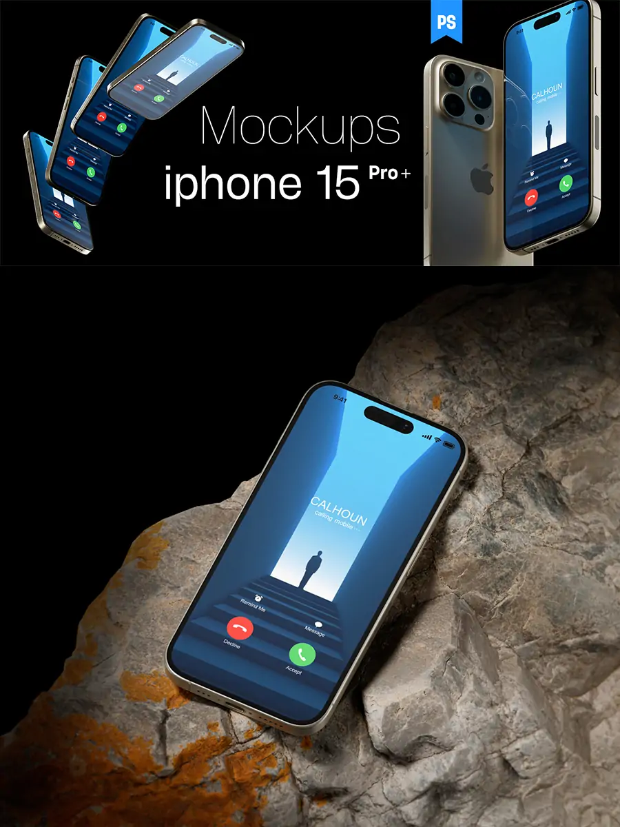 iPhone 15 Pro移动手机APP页面UI作品展示样机贴图psd设计素材模版Mockup-Ai宇宙吧-