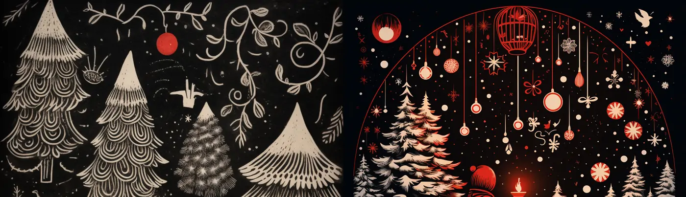 蚀刻雕刻风格圣诞节手绘线稿插图插画Midjourney关键词提示词咒语