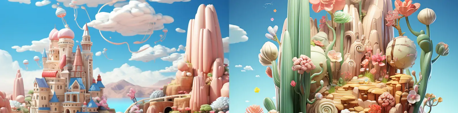 3D可爱立体微观逼真梦幻鲜花植物绿洲沙漠建筑城堡粘土玩具盲盒midjourney关键词咒语