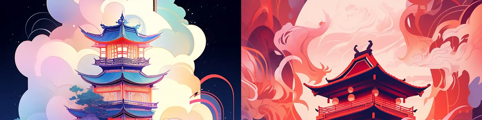 手绘中国风传统建筑阁楼山脉梦幻神话场景矢量平面艺术插图海报midjourney关键词咒语