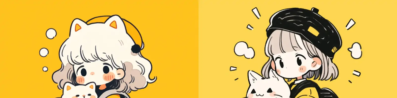 手绘黄色动漫可爱卡通小女孩猫咪涂鸦艺术插图绘画海报midjourney关键词咒语