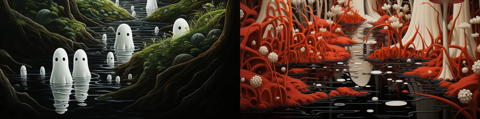 手绘草间弥生风格可爱卡通森林鬼魂幽灵蘑菇场景插图绘画海报midjourney关键词咒语