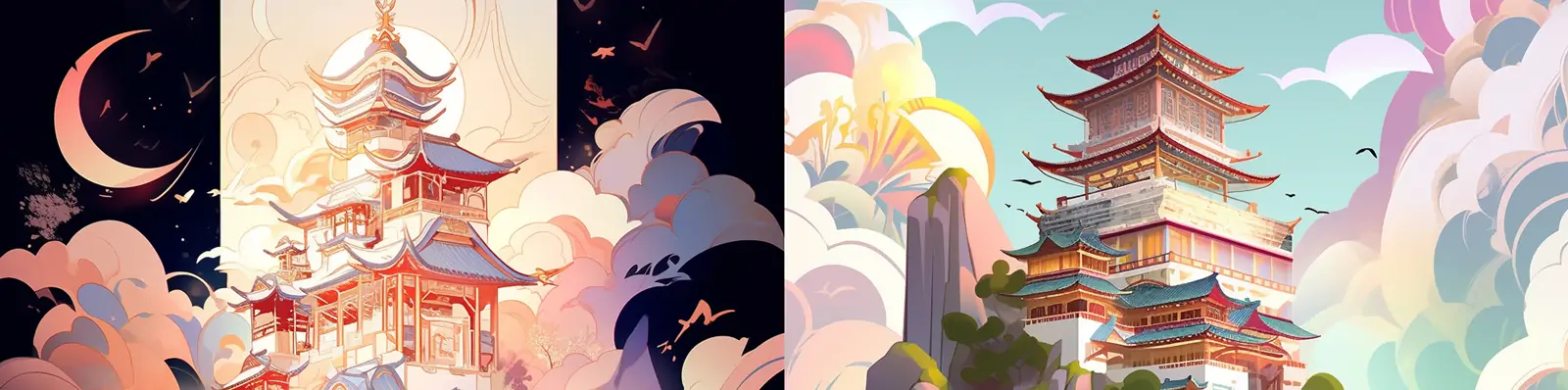 手绘中国风传统建筑阁楼山脉梦幻神话场景矢量平面艺术插图海报midjourney关键词咒语