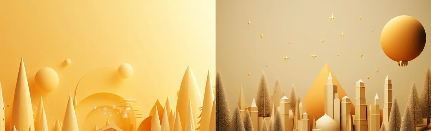 3D立体极简主义金色圣诞节圣诞树剪纸风格场景插图海报midjourney关键词咒语