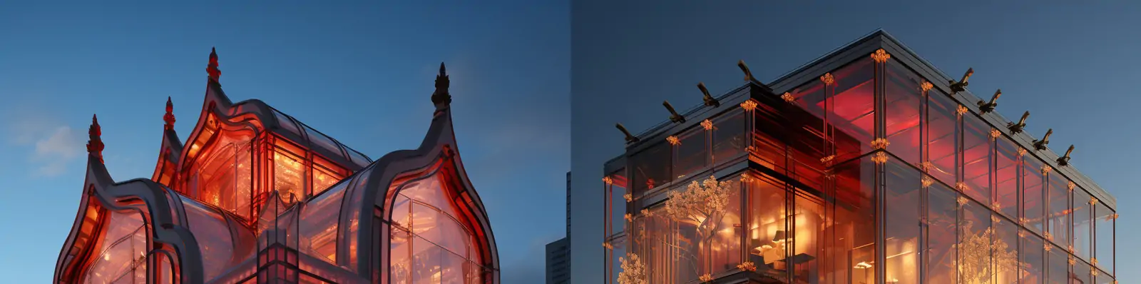 创意现代透明玻璃立体建筑光线舞台灯光艺术摄影海报midjourney关键词咒语分享