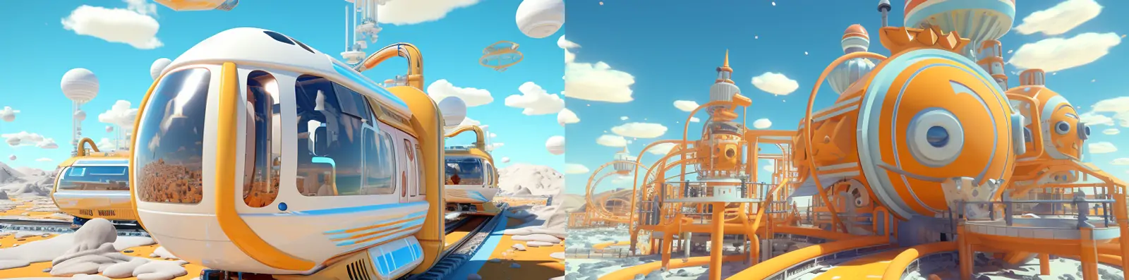 手绘动漫趣味可爱卡通未来太空站火车轨道空间玩具模型广告海报midjourney关键词咒语分享
