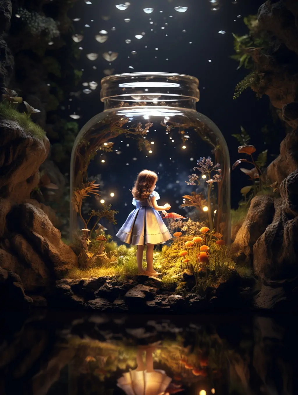 爱丽丝梦游仙境风格微景观女孩透明玻璃瓶场景童话故事插图海报midjourney关键词咒语 - Ai宇宙吧--Ai宇宙吧-