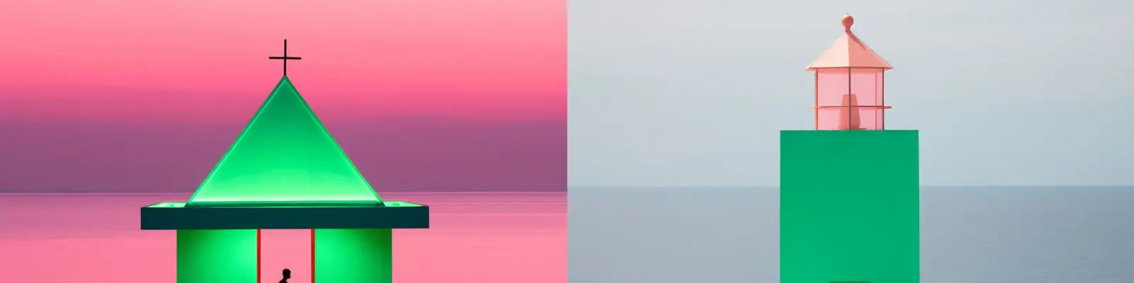 极简主义唯美粉色绿色霓虹灯几何房屋建筑天堂人物艺术摄影海报midjourney关键词咒语