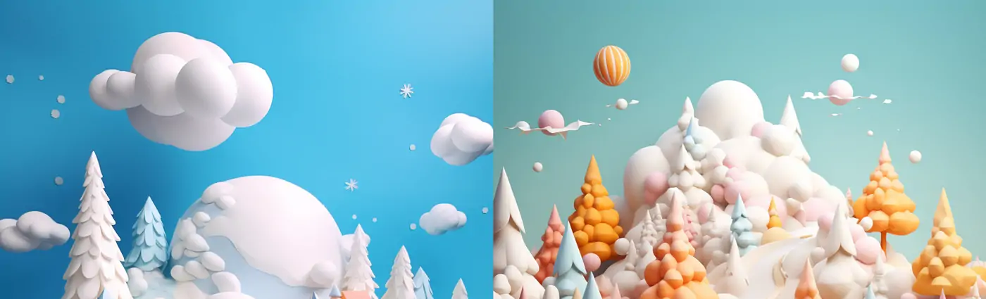 3D逼真立体冬季粘土风格圣诞节房屋树木场景插图海报midjourney关键词咒语