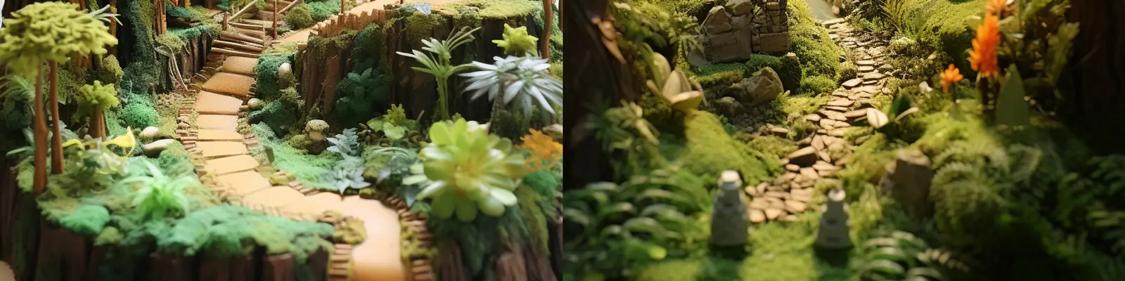 创意微观森林鲜花植物房屋建筑粘土世界逼真立体模型摄影海报midjourney关键词咒语分享：