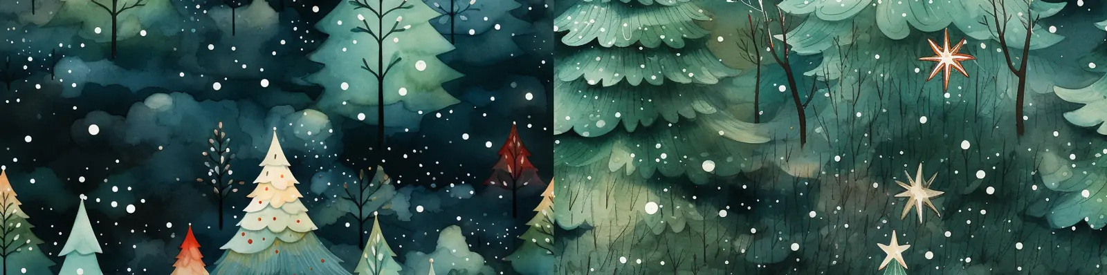 手绘绿色冬天童话世界圣诞节圣诞树无缝图案水彩画插图海报背景midjourney关键词咒语：