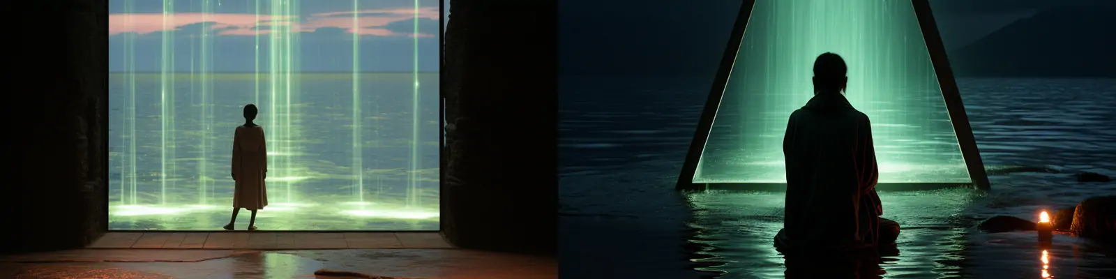 极简主义唯美绿色透明霓虹灯几何房屋天堂艺术人物背影摄影海报midjourney关键词咒语