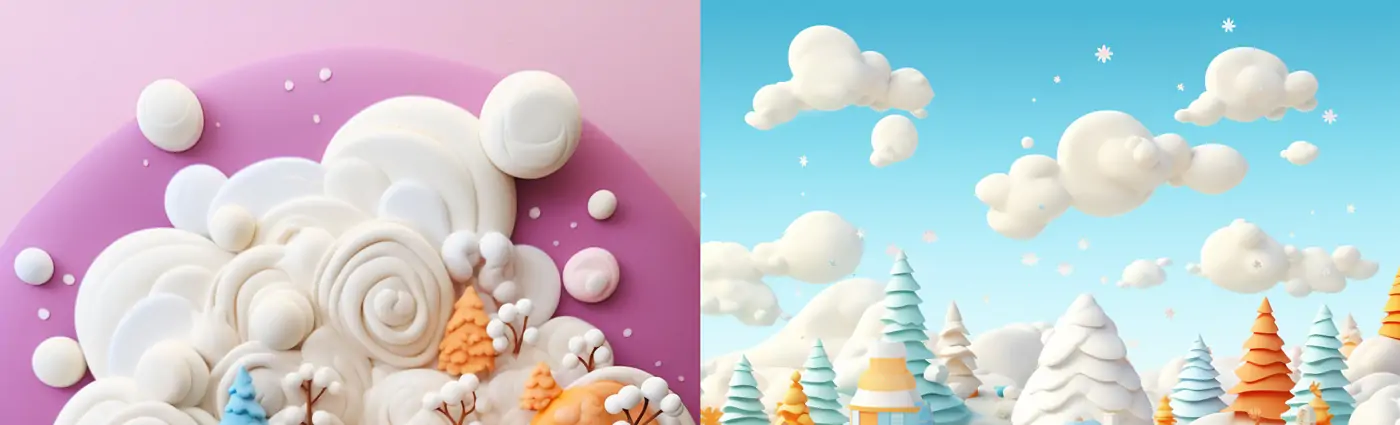 3D逼真立体冬季粘土风格圣诞节房屋树木场景插图海报midjourney关键词咒语