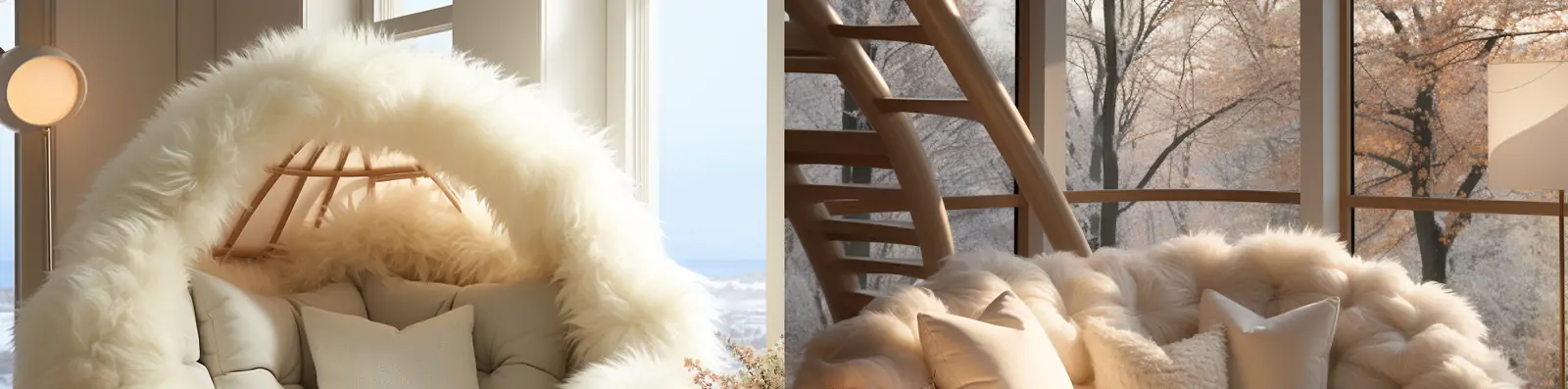 创意时尚现代客厅蓬松白色毛茸茸沙发扶手椅地毯场景摄影海报midjourney关键词咒语分享