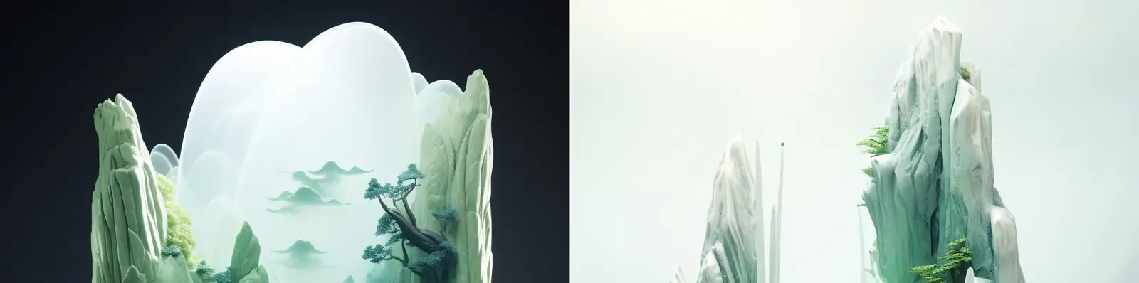 超现实主义东方中国风绿色山水瀑布三维立体自然景观雕塑midjourney关键词咒语