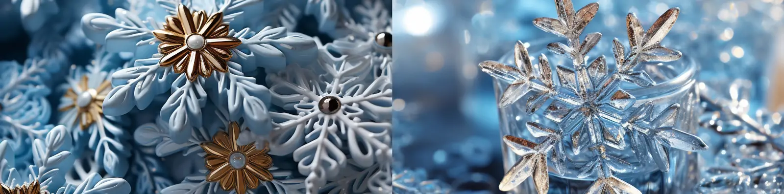 创意冬天蓝色透明晶莹剔透立体雪花模型装饰产品摄影海报midjourney关键词咒语