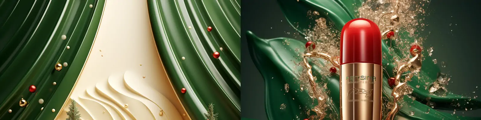 高级感圣诞节红色绿色化妆品护肤品礼物电商广告杂志空间摄影海报midjourney关键词咒语
