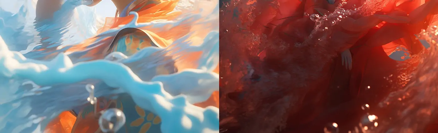 创意逼真手绘水下气泡红衣女侠人物侧脸特写艺术绘画插图海报midjourney关键词咒语分享