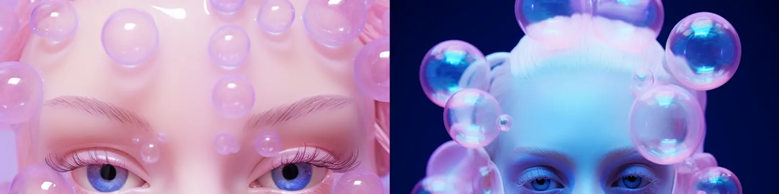 未来主义后现代风格蓝眼睛时尚潮流气泡女孩艺术摄影写真海报midjourney关键词咒语