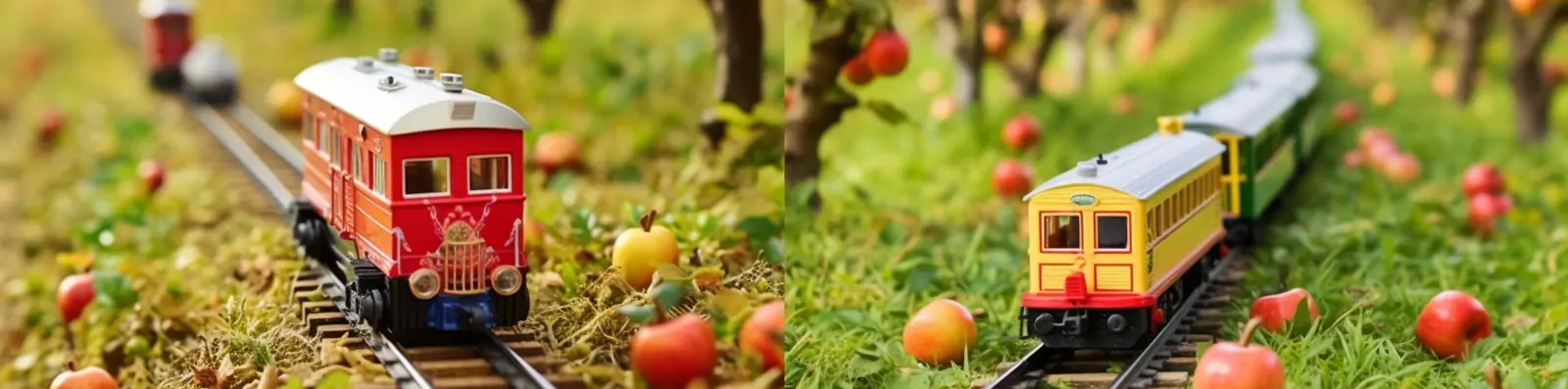 创意秋天微观迷你火车轨道行驶苹果树场景艺术摄影照片海报midjourney关键词咒语