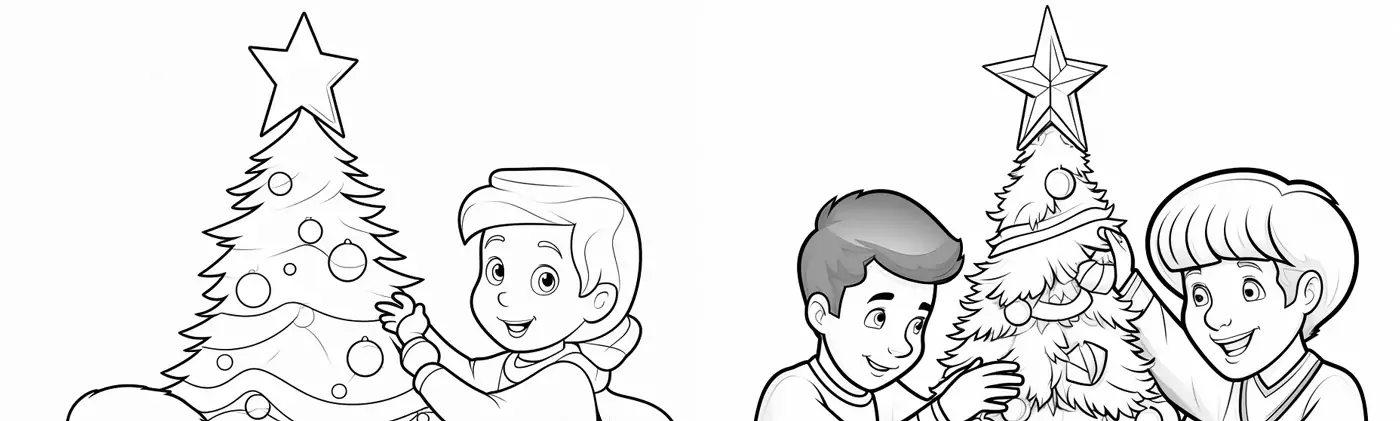 圣诞节家庭装扮圣诞树黑白线稿简笔画涂色卡Midjourney关键词提示词咒语