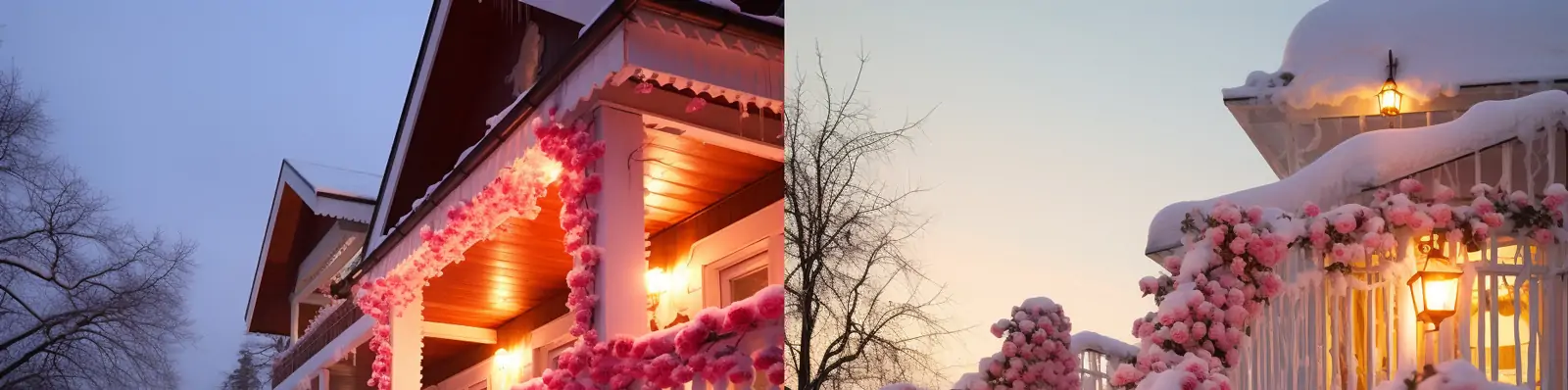 创意梦幻冬天雪景粉色玫瑰木屋别墅树挂浪漫花园场景摄影海报midjourney关键词咒语