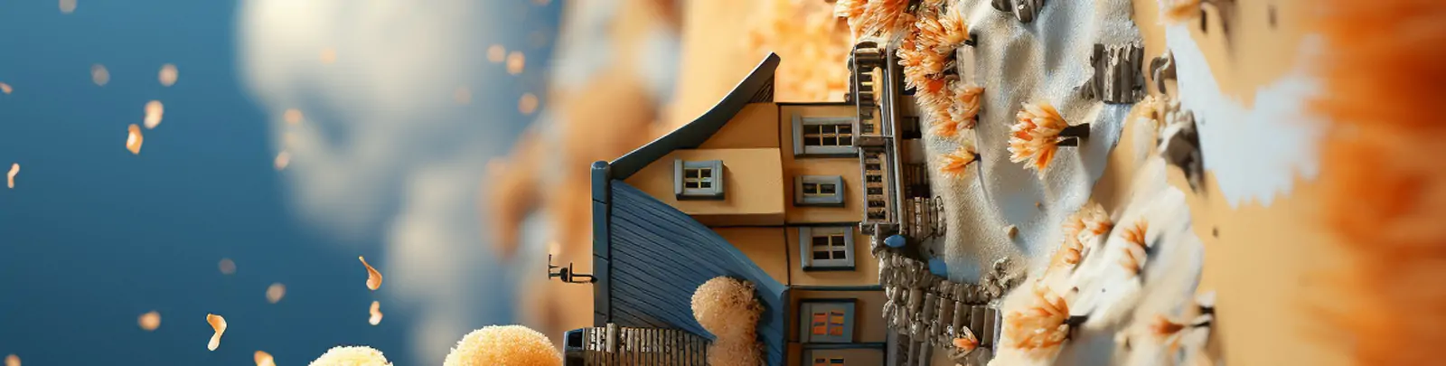 温馨暖色调金色秋天微观树叶小木屋温暖阳光落叶场景艺术空间海报midjourney关键词咒语