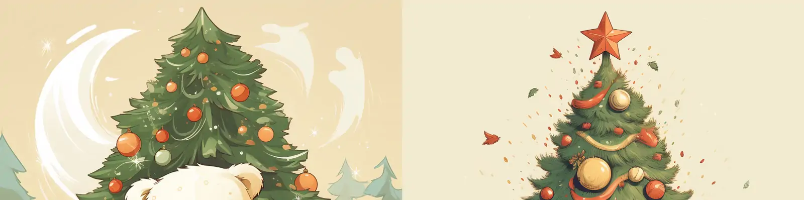 手绘复古可爱卡通圣诞节圣诞树北极熊礼物装饰插图绘画海报midjourney关键词咒语