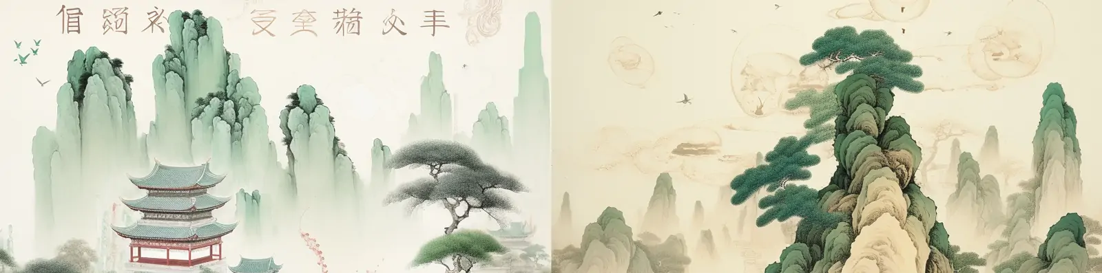 中国风古典艺术绿色山水风景植物建筑阁楼仙境自然景观插图海报midjourney关键词咒语