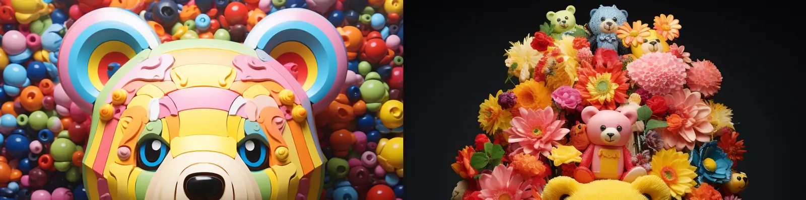 创意彩色可爱卡通泰迪熊乐高拼插玩具立体模型展示广告海报midjourney关键词咒语分享