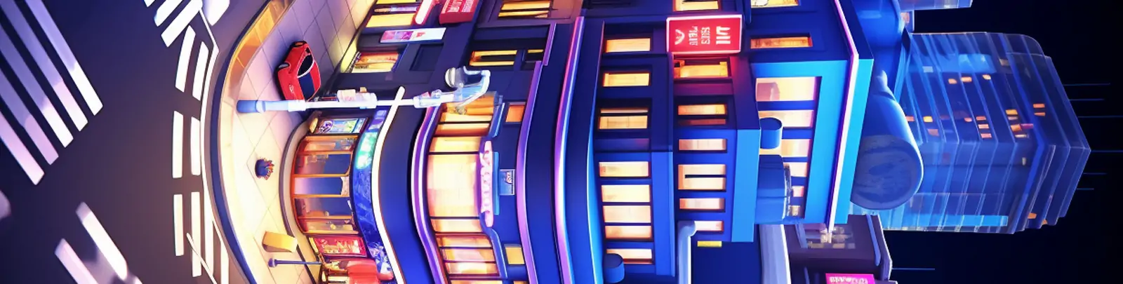 创意3D立体卡通霓虹灯城市建筑马路街道夜晚街景空间场景插图海报midjourney关键词咒语分享