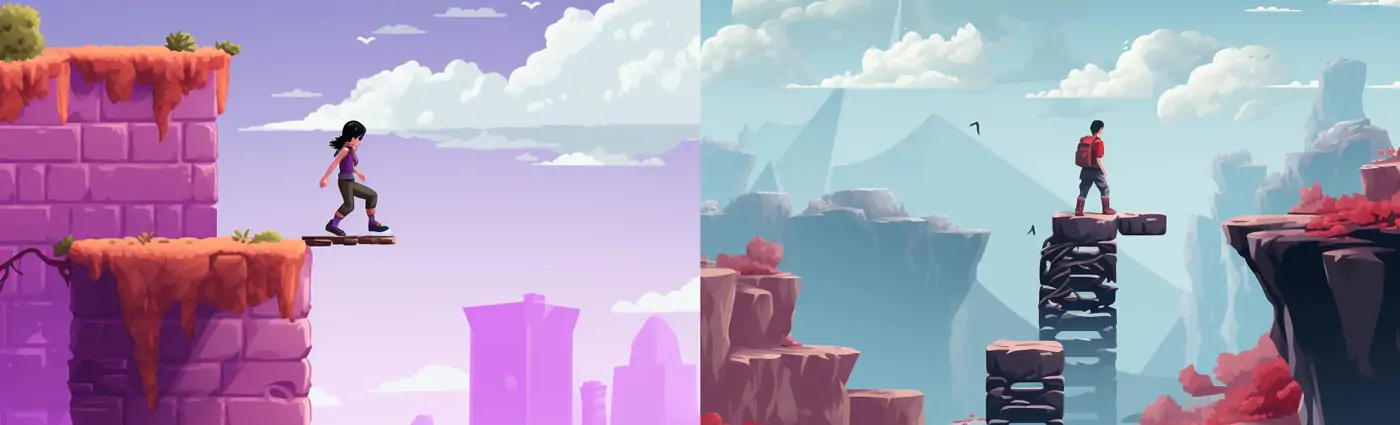 创意手绘跳跃2D立体彩色游戏场景视觉体验插图海报midjourney关键词咒语分享