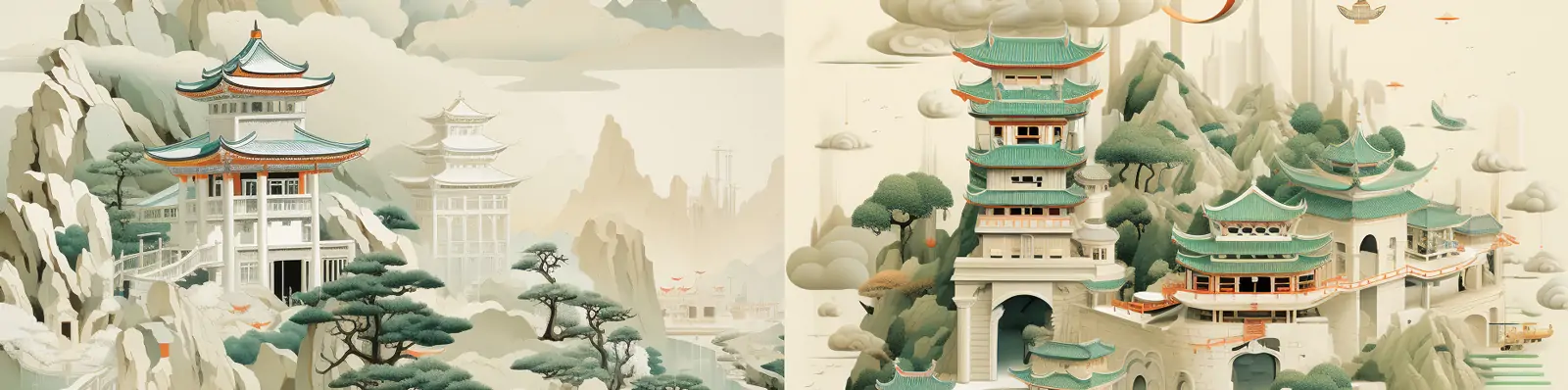 中国风古典艺术绿色山水风景植物建筑阁楼仙境自然景观插图海报midjourney关键词咒语