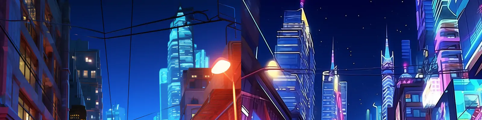 创意3D立体卡通霓虹灯城市建筑马路街道夜晚街景空间场景插图海报midjourney关键词咒语分享