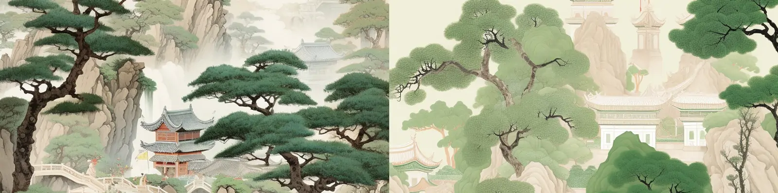 中国风古典艺术绿色山水风景植物建筑阁楼仙境自然景观插图海报midjourney关键词咒语