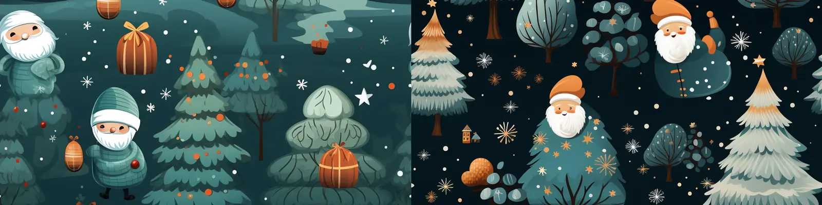 手绘可爱卡通冬天圣诞节圣诞树元素平面无缝图案插图海报背景midjourney关键词咒语