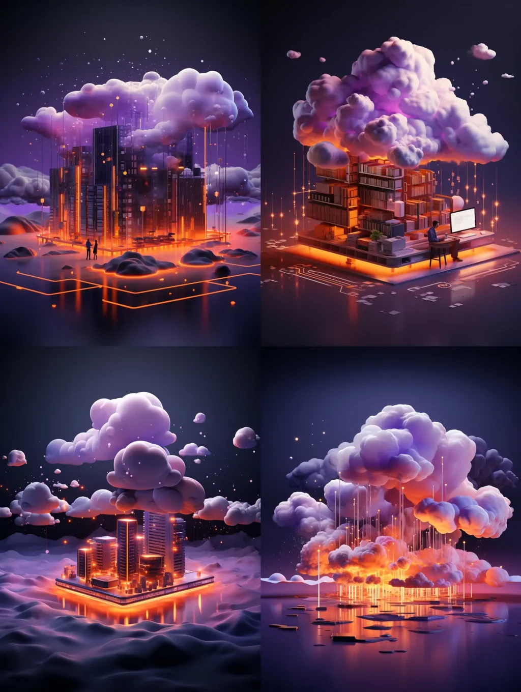 创意科技立体紫色光效线条图形大数据迁移云朵空间海报背景midjourney关键词咒语