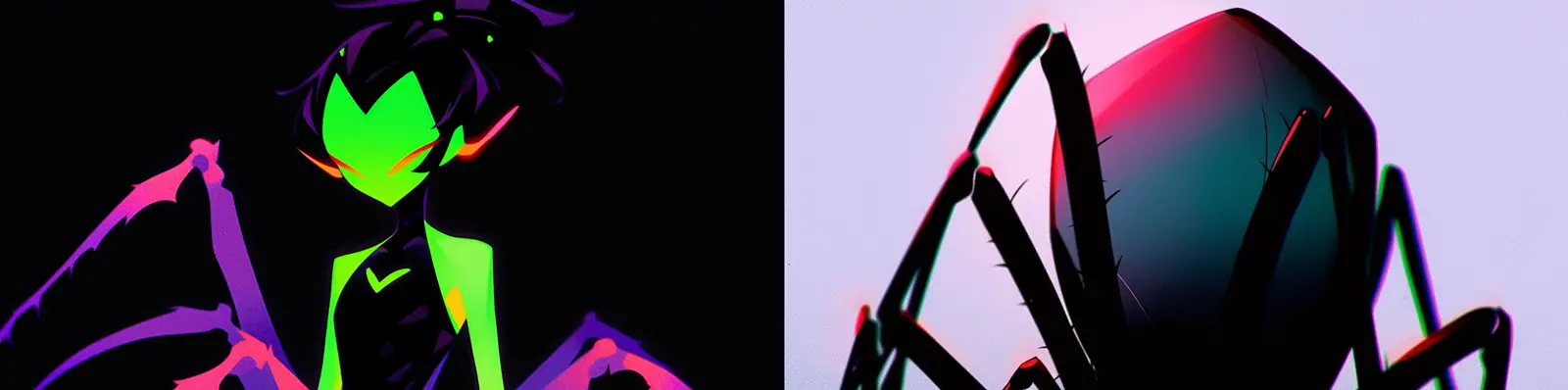 创意彩色霓虹灯黑色蜘蛛人物拟人化合成逼真艺术海报midjourney关键词咒语