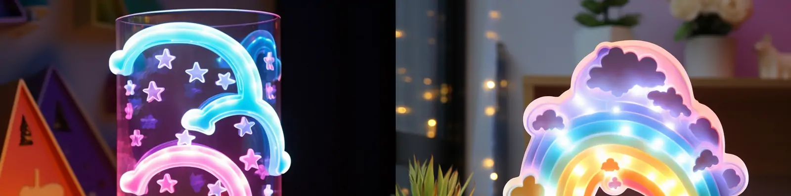 彩色五颜六色灯光闪烁彩虹立体台灯标签云朵星星装饰产品海报midjourney关键词咒语