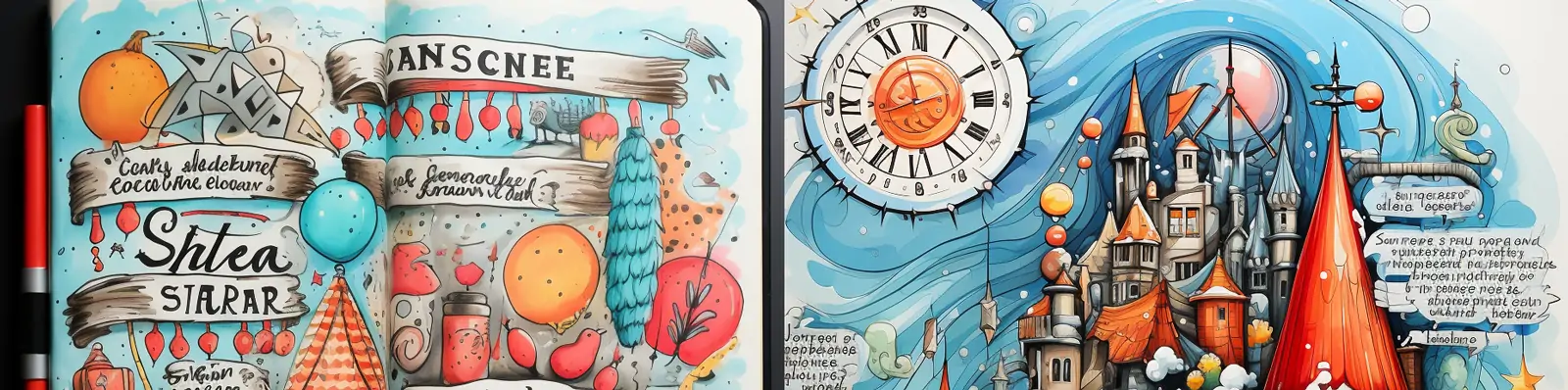 手绘卡通彩色圣诞节儿童涂鸦写生绘画水彩画艺术插图手抄报海报midjourney关键词咒语：