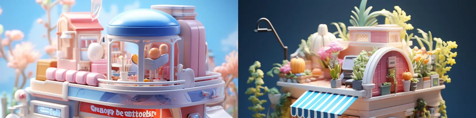 超现实主义时尚可爱卡通杂货店微观立体建筑等距模型摄影海报midjourney关键词咒语