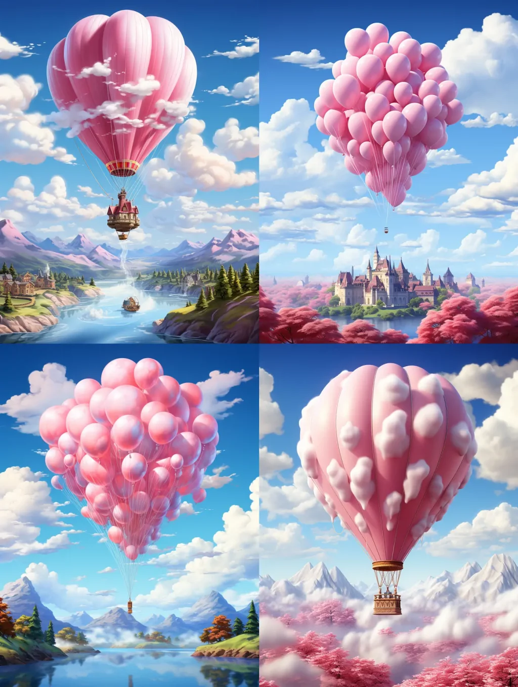 梦幻粉色气球热气球天空云朵雪山飞行迪士尼风格场景艺术海报背景midjourney关键词咒语分享