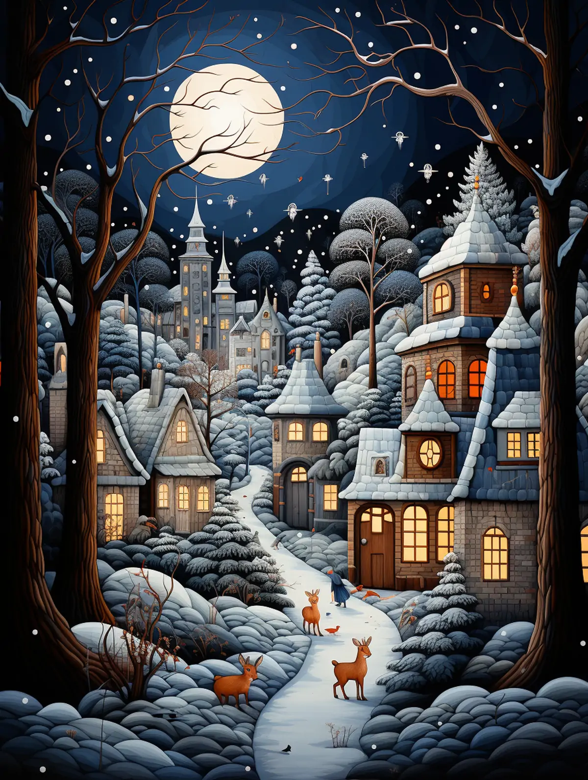 圣诞节冬季小镇手绘风格插图midjourney关键词咒语分享