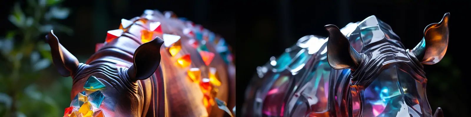 彩色渐变透明玻璃塑料发光生物动物犀牛雕像玩具模型摄影海报midjourney关键词咒语