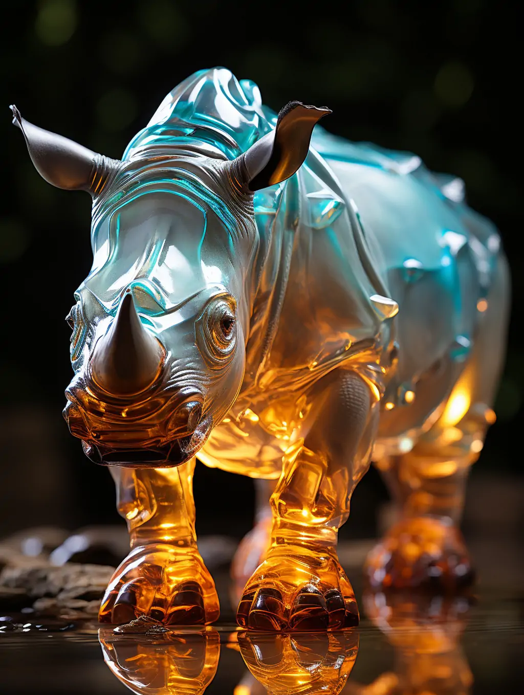 彩色渐变透明玻璃塑料发光生物动物犀牛雕像玩具模型摄影海报midjourney关键词咒语-Ai宇宙吧-