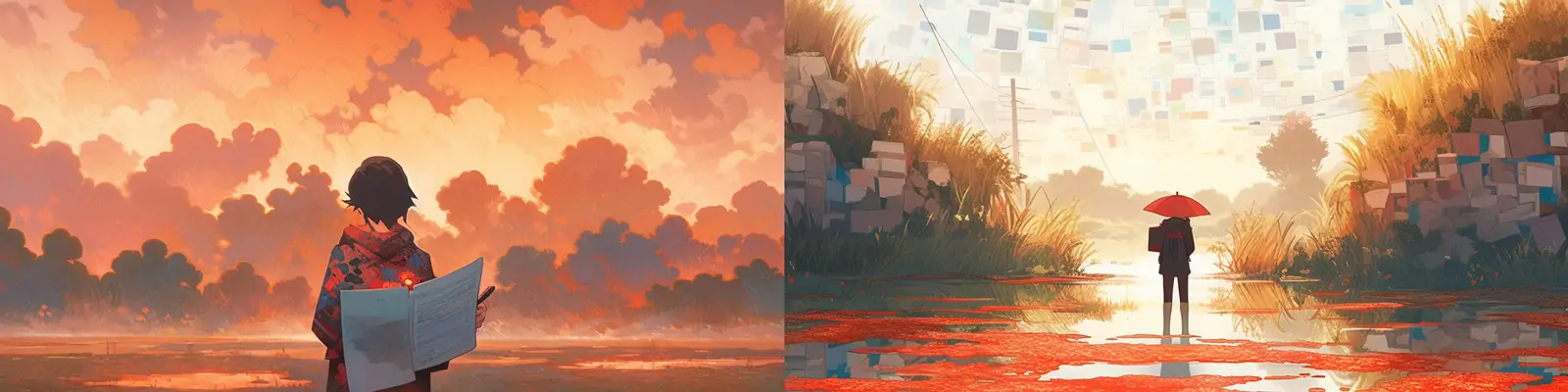 手绘可爱卡通唯美红色自然鲜花植物平静水面反射镜像场景插图海报