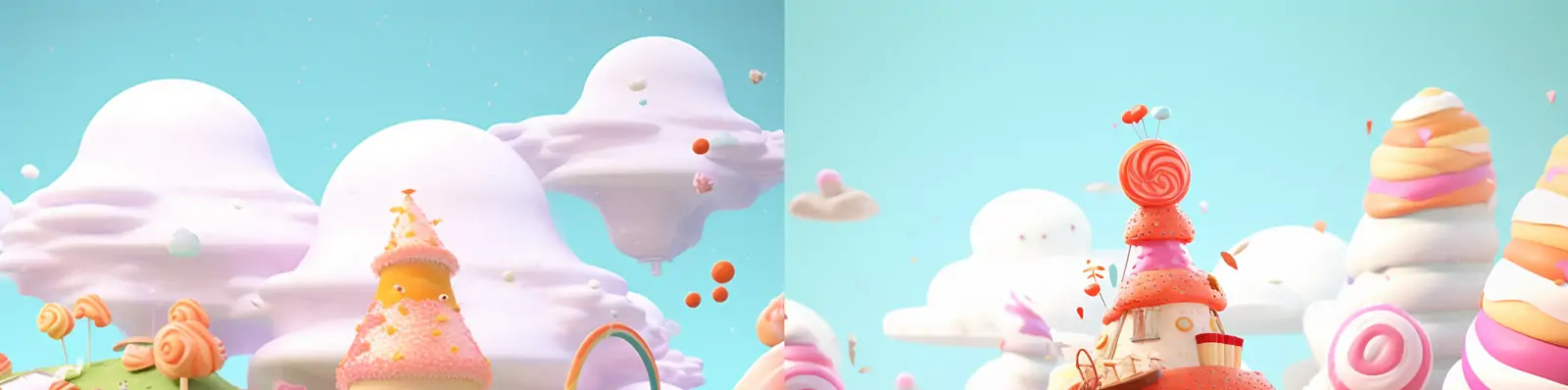 C4d卡通风格奶油蛋糕糖果棒棒糖蘑菇屋世界midjourney关键词咒语